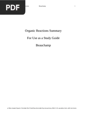 Organic Reactions - Summary  For Use as a Study Guide