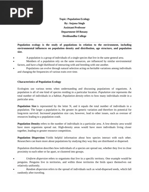 Topic: Population Ecology (Article)