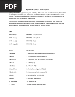 Eighth Grade Spelling & Vocabulary Lists