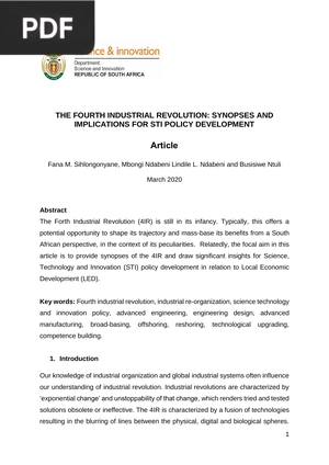 The Fourth Industrial Revolution: Synopses and Implications for Sti Policy Development