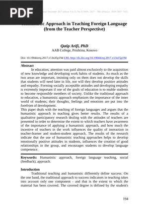 Humanistic Approach in Teaching Foreign Language (from the Teacher Perspective)