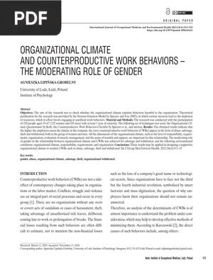 Organizational climate and counterproductive work behaviors. The moderating role of gender