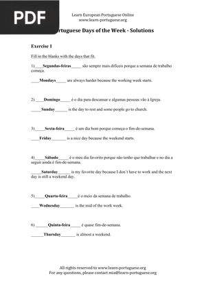 Portuguese Days of the Week – Solutions