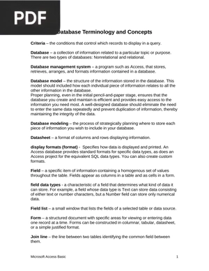Database Terminology and Concepts