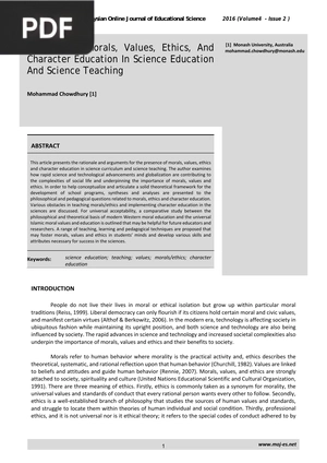 Emphasizing Morals, Values, Ethics, And Character Education In Science Education And Science Teaching