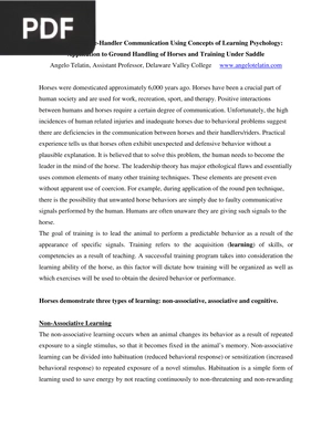 Improving Horse Handler Communication Using Concepts of Learning Psychology Application to Ground Handling of Horses and Training Under Saddl (Article)