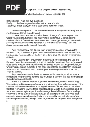 Masonic Ciphers The Enigma Within Freemasonry (Article)