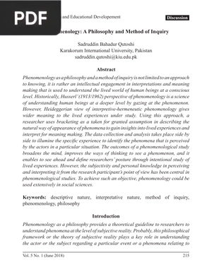 Phenomenology - A Philosophy and Method of Inquiry (Article)