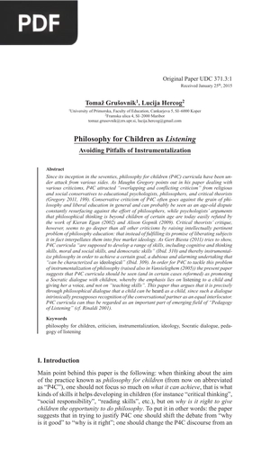 Philosophy for Children as Listening Avoiding Pitfalls of Instrumentalization