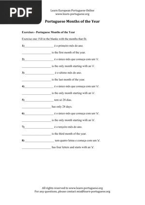 Portuguese Months of the Year – Exercises