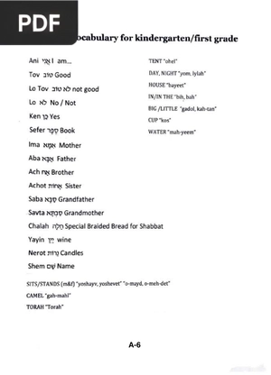 Hebrew vocabulary for kindergarten/first grade (Article)