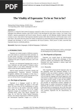 The Vitality of Esperanto - To be or Not to be? (Article)