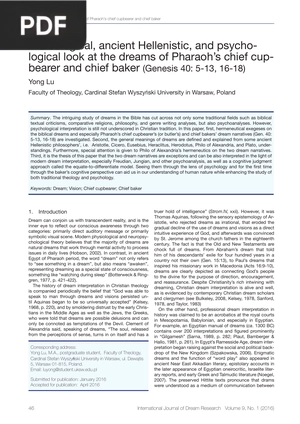 A theological, ancient Hellenistic, and psycho-logical look at the dreams of Pharaoh’s chief cup-bearer and chief baker (Genesis 40: 5-13, 16-18)