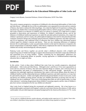 Conceptions of Childhood in the Educational Philosophies of John Locke and John Dewey (Article)