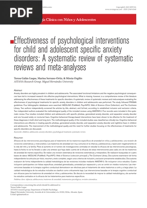 Effectiveness of psychological interventions for child and adolescent specific anxiety disorders
