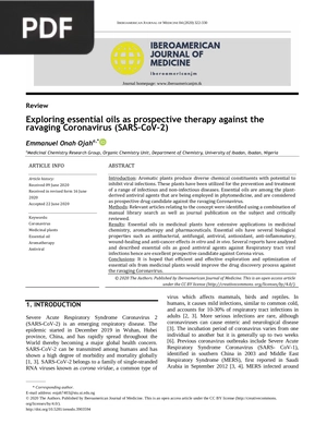 Exploring essential oils as prospective therapy against the ravaging Coronavirus (SARS-CoV-2) (Article)