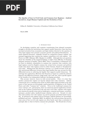 The Quality of Law in Civil Code and Common Law Regimes: Judicial Incentives, Legal Human Capital and the Evolution of Law