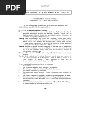 The Report of the Ad interim Committee to Study Freemasonry