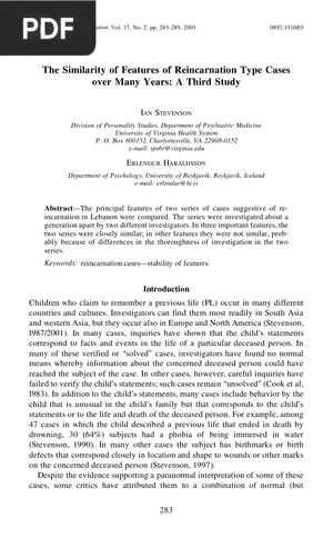 The Similarity of Features of Reincarnation Type Cases over Many Years A Third Study (Article)