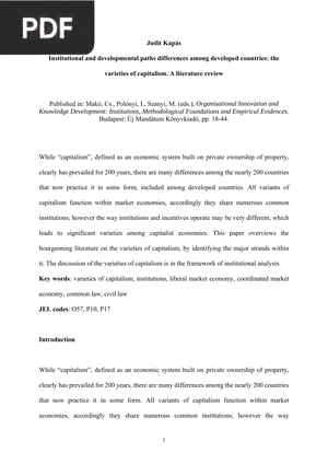 Institutional and Developmental Paths Differences Among Developed Countries the Varieties of Capitalism A Literature Review
