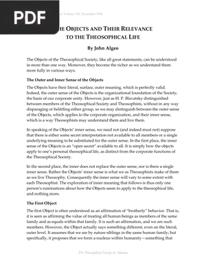 The Objects and Their Relevance to the Theosophical Life (Article)