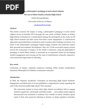 Using a Philosophers Pedagogy to Teach School Subjects The case of Ethnic Studies at Kailua High School