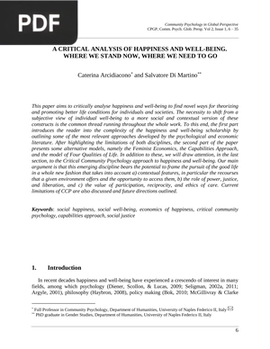 A critical analysis of happiness and well-being. - Where we stand now, where we need to go