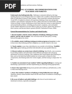 Bullying at School Recommendations for Teachers and Parents (Article)