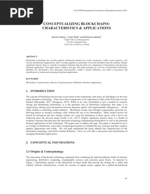 Conceptualizing Blockchains: Characteristics and Applications (Article)
