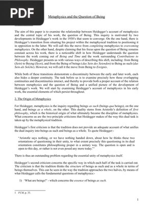 Metaphysics and the Question of Being