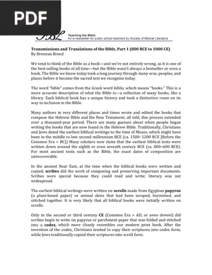 Transmissions and Translations of the Bible Part 1 800 BCE to 1000 CE (Article)