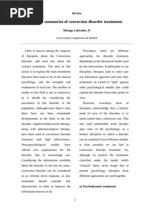 A Brief Summarize of Conversion Disorder Treatments