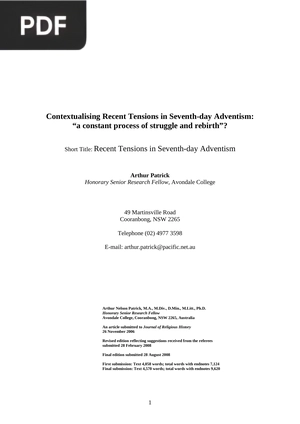 Contextualising Recent Tensions in Seventh day Adventism a constant process of struggle and rebirth