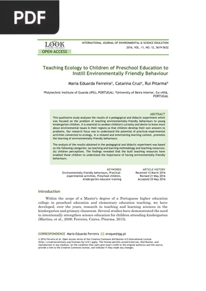 Teaching Ecology to Children of Preschool Education to Instill Environmentally Friendly Behaviour