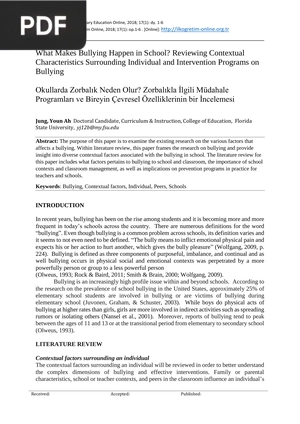 What Makes Bullying Happen in School Reviewing Contextual Characteristics Surrounding Individual and Intervention Programs on Bullying (Article)
