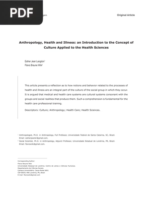 Anthropology, Health and Illness- an Introduction to the Concept of Culture Applied to the Health Sciences (Article)