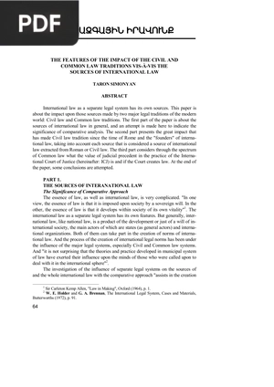 The Features of the Impact of the Civil and Common Law Traditions Vis-À-Vis The Sources of International Law