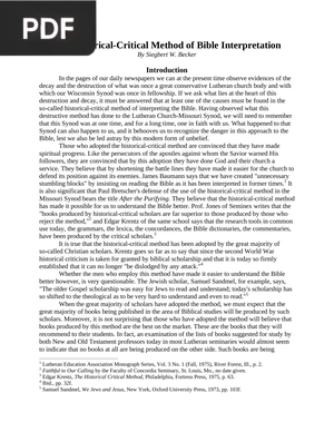 The Historical-Critical Method of Bible Interpretation