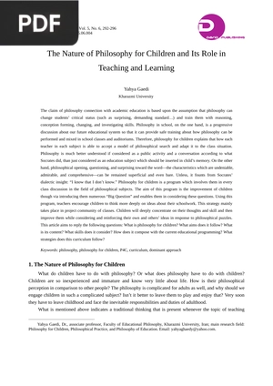 The Nature of Philosophy for Children and Its Role in Teaching and Learning (Article)