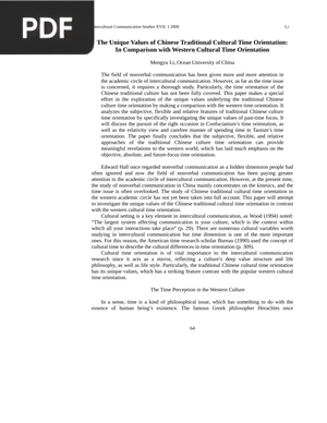 The Unique Values of Chinese Traditional Cultural Time Orientation: In Comparison with Western Cultural Time Orientation (Article)