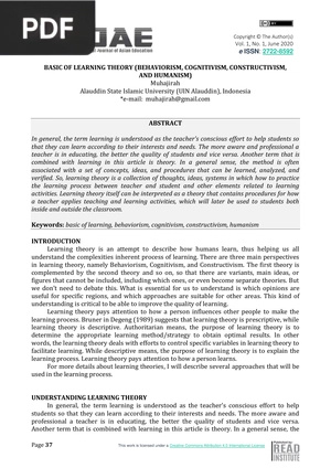 Basic of Learning Theory (Behaviorism, cognitivism, constructivism and humanism) (Article)