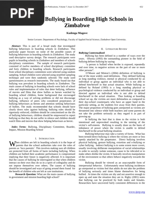 Causes of Bullying in Boarding High Schools in Zimbabwe (Article)