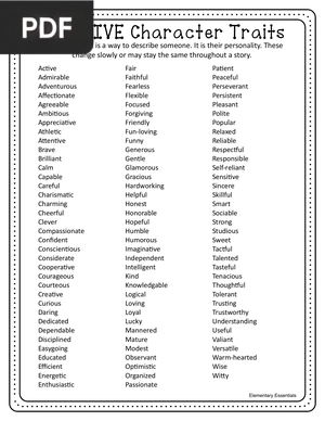 Character Traits and Feelings Positive and Negative (Article)