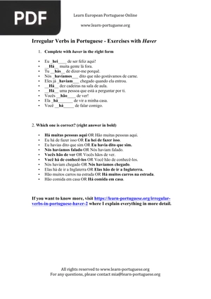 Irregular Verbs in Portuguese – Haver (Solutions)