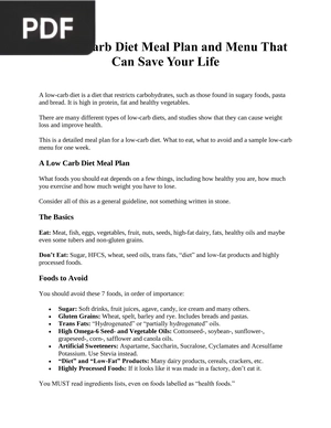 A Low Carb Diet Meal Plan and Menu That Can Save Your Life (Article)