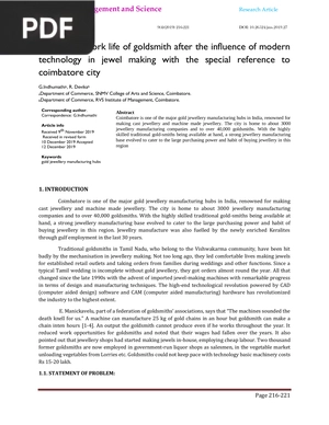 A Study on Work Life of Goldsmith After the Influence of Modern Technology in Jewel Making with the Special Reference to Coimbatore City (Article)