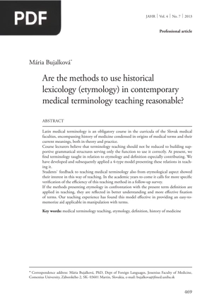 Are the Methods to use Historical Lexicology (Etymology) in Contemporary Medical Terminology Teaching Reasonable (Article)