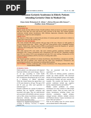Common Geriatric Syndromes in Elderly Patients Attending Geriatric Clinic in Medical City (Article)