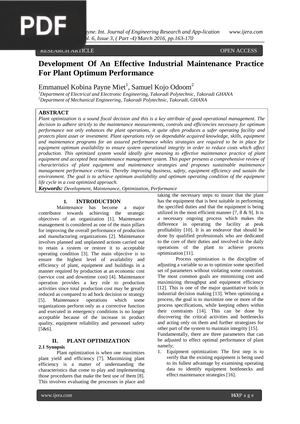 Development Of An Effective Industrial Maintenance Practice For Plant Optimum Performance
