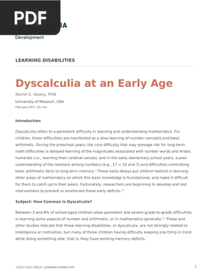 Dyscalculia at an Early Age